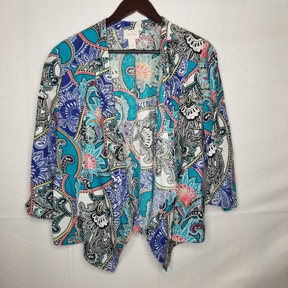 Chino Teal Paisley Print 100% Linen Open Cardigan Size 2 - Picture 7 of 7